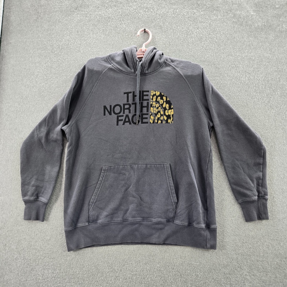 The North Face Women Hoodie L Gray Leopard Logo Long Sleeve Half Dome